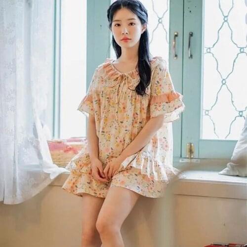 100% Cotton Pajamas Set Womens Sweet Princess Women Short Sleeve Top Shirt Shorts Mom Loose Korean Style Pajamas kPaCotAkoWka