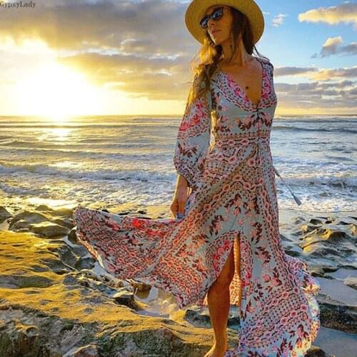Ethnic Boho Floral Print Maxi Dress Gown Summer V-neck Drawstring Waist Long Sleeve Hippie Chic Vocation Beach Womens Dresses