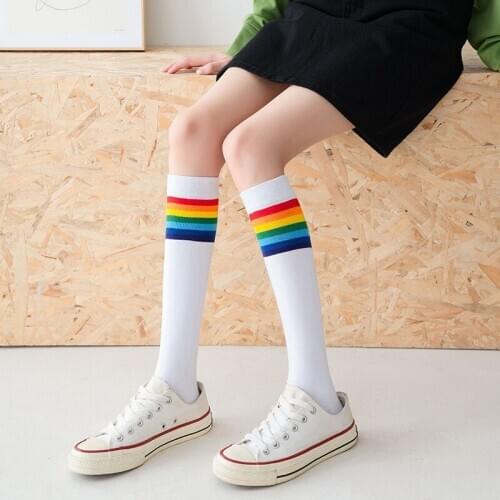 Rainbow Knee Calf Socks Women Cotton Striped Japanese Style Students Girls Long Socks Knee Ins Colorful Female Black High Socks
