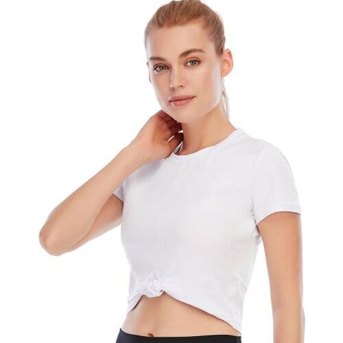 Sport Women Black Top Short Sleeve Yoga Shirt Solid Cotton Knotted Fitness Gym Crop Top Workout Sportswear