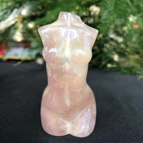 100-120g Natural Rose Quartz Gold plated Goddess Statue Crystal Carved Woman Torso Energy Pink Gem Body Sculpture Decorate Gift