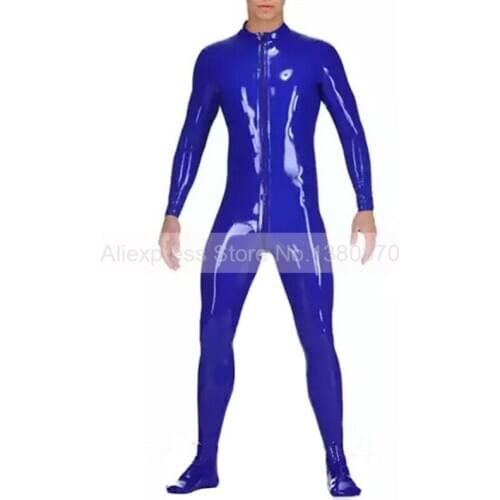Dark Blue Rubber Male Latex Catsuit Front Zip Tight Bodysuit Feet Socks Attached S-LCM089
