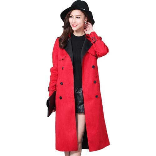 Spring Autumn Fashion Buckskin Suede Trench Coat Women Long Coat Plus size S-6XL Windbreaker Female Double-breasted Trench A2841