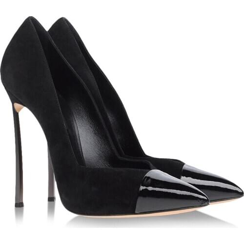 Ladies Front Low Cut Out Blade Heels Pumps Shiny Leather Pointed Toe Female Suede Patchwork Wedding Shoes Prom Metal High Heels