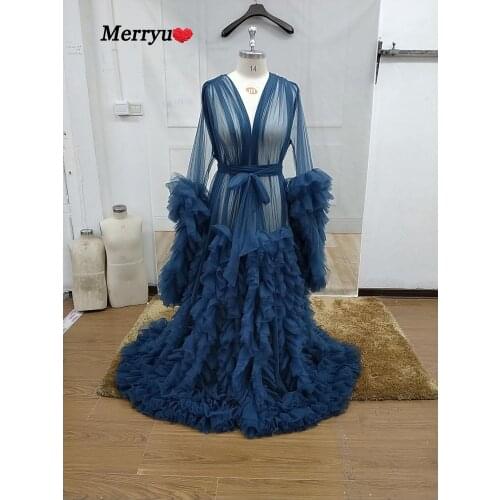 Navy Long Sleeves Evening Dress for Photoshoot or Babyshower Maternity Gown Shooting Tulle Ruffles
