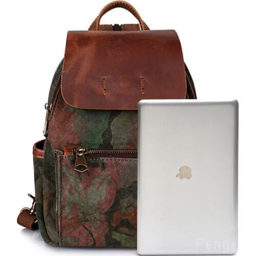 Genuine leather +canvas large capacity unisex backpack teenager school rucksack
