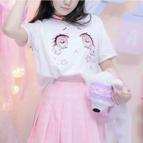 Harajuku T Shirt Lolita Girl Cherry Blossom Tears Shirts Women Lady Big Eyes Kawaii Summer Tee Casual Tops Dropshipping 2019