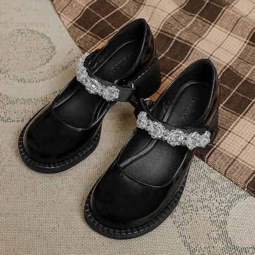 2021 Shiny Crystal hook&loop mary janes woman pumps round toe thick high heels shoes women lolita diamond patent leather talons