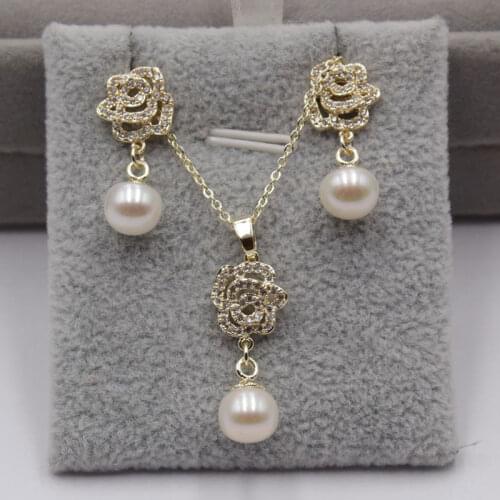 Natural Freshwater Pearl Necklace Earring For Women Gifts Fashion Jewelry Pearl Set White Pearl Pink Pearl Purple Pearl