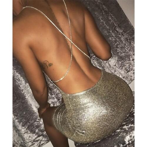 Women Sexy Metal Silver Mini Dress Summer Back Across Chain Backless Nightclub Party Shiny Bodycon Slim Dresses
