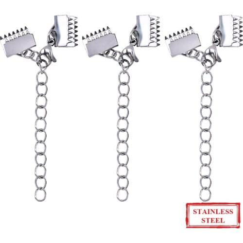 10 Sets 304 Stainless Steel Ribbon Ends Lobster Claw Clasps Extension Chain Connector Fastener Clasps Fit Leather Cord