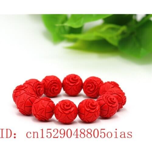 18mm Beads Elastic Bracelet Bangle Chinese Natural Red Organic Cinnabar Amulet Charm Jewellery Fashion Carved Gifts