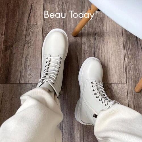 BeauToday Ankle Boots Platform Women Cow Leather Side Zipper Lace-up Round Toe Winter Ladies Warm Shoes Plus Size 04218
