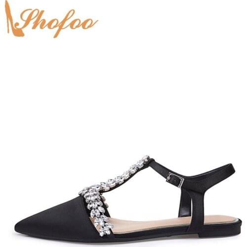 Black Slingback Rhinestone Pionted Toe Flats Woman Buckle T-Strap Large Size 11 16 Female Ladies Fashion Crystal Shoes Shofoo