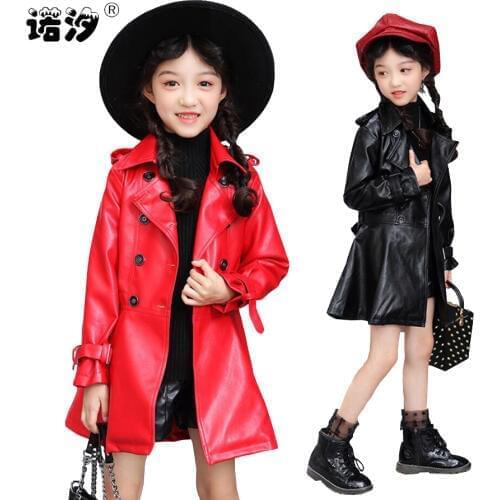Girls clothes Kids PU Leather jacket girls fashion spring autumn long coat girls Outwear Baby child clothes 3~13 Y girls outwear