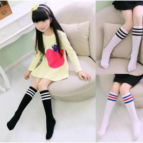 Kids Knee High Socks Girls Boys Football Stripes Cotton Sports School White Socks Skate Children Baby Long Tube Leg Warm E0060