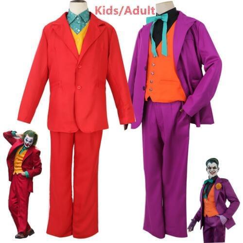 Adult Kids Movie Joker Arthur Fleck Cosplay Costumes Joaquin Phoenix Kids Adult Suits+Vest+T-shirt+Pants Clown Party Halloween