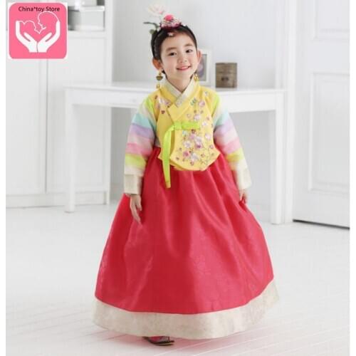 Children Embroidered Korean Hanbok Dress Traditional Ethnic Long Sleeve Palace Wedding Clothing Girl Tutu Dress Princess Dress