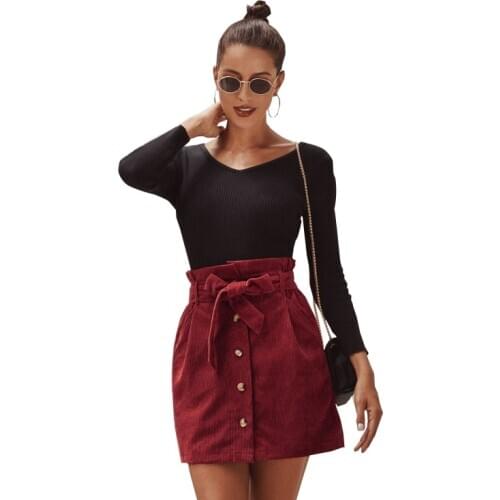 Women Self Tie High Waist Corduroy Short Skirts Pocket Button Bow A-Line Skirt