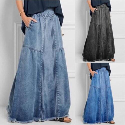 Oversize Denim Jeans Women Long Skirt Stretch Vintage Loose Slim Fit Blue Club Streetwear Sexy Harajuku Distressed denim skirt
