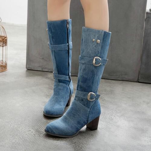 Jean Boots Womens Long Tube Short Boot Winter High Heel Denim Boot Lady Stylish Jeans Boots Buckle Strap Shoes Cowboy 2020