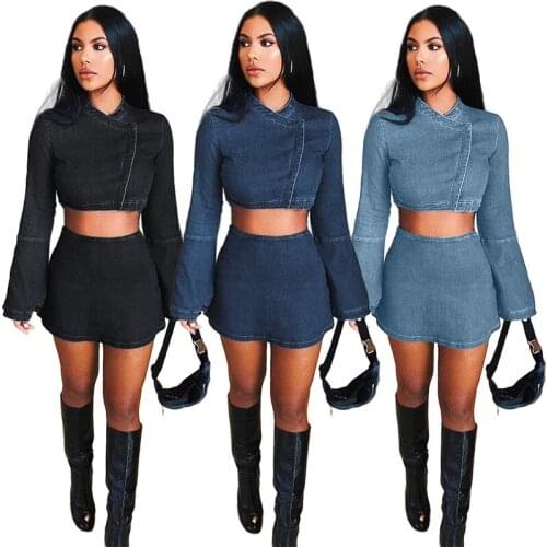 Denim Two Piece Set Women Autumn Flare Sleeve Crop Top and Skirt Set Sexy Streetwear Club Wear Jean 2 Piece Outfits Matching Set