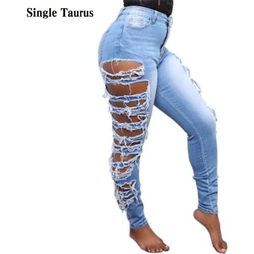 Spring New Female Ripped Jeans Fashion Streetwear Denim Blue Distressed Pantalones Vaqueros Mujer Skinny Womens Jeans