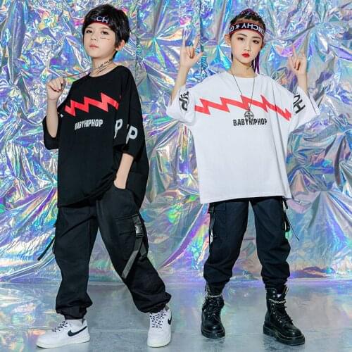 Kids Hip Hop Clothing Black White Tops T Shirt Streetwear Tactical Cargo Jogger Pants for Girls Boys Dance Costume Clothes Set
