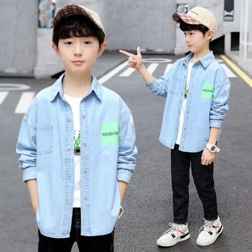 FYH Kids Clothing Boys Denim Shirts Letter Printed Children Long-sleeve Boys Turn-down Collar Shirts 4-14Y Teenagers Wear