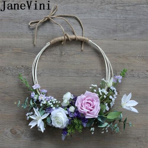 JaneVini White Purple Roses Bride Wreath Artificial Lavender Wedding Flowers Bridal Bouquets Accessories Lei Garland Basket 2019