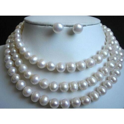 Beautiful 9-10MM White Freshwater Cultured Pearl Necklace earrin Set 50