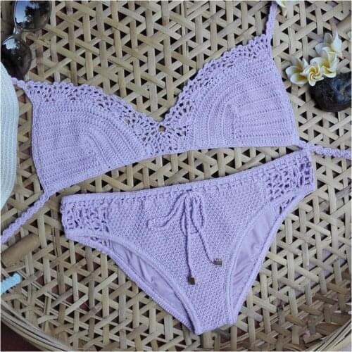 Handmade Crocheted Sexy Bikini Sets 100%Cotton Bathing Suits Adjustable Fan Shaped Lacing Beachwear