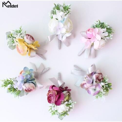 Meldel Corsage Men Boutonniere Pin Bridal Wrist Corsages Burgundy Pink Bridesmaid Bracelet Groom Prom Wedding Flower Accessories