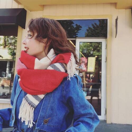 Mingjiebihuo New fashion autumn and winter new stripes spell color scarf double-sided tassel students warm shawl unisex