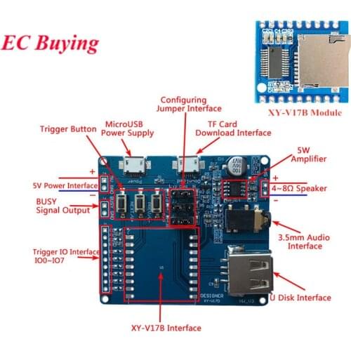 MP3 Player Module XY-V17B Serial Voice Module Development Board Voice Controller Single Bus/IO Control/Support Card U Disk