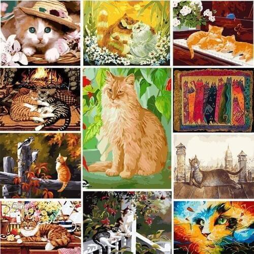 PAINTMAKE animal DIY Painting By Numbers cartoon cute Cat Oil hand Painted On Canvas For Home Wall Art Picture 40*50 CM