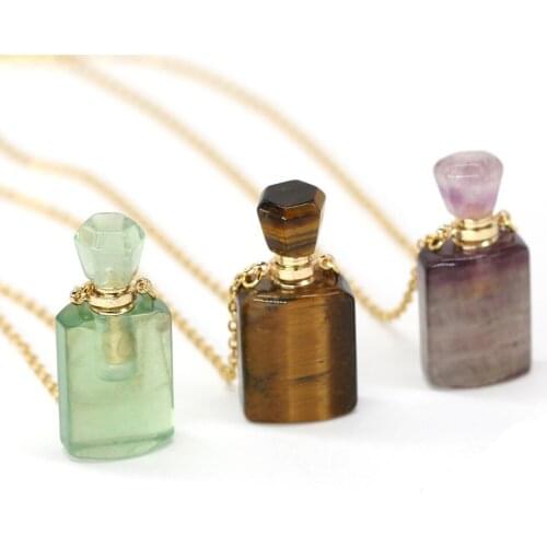 Natural Perfume Bottle Pendant Necklace Rectangle Agates Stone Pendant Necklace for Jewelry Necklace Gift 15x35mm Length 60+5cm