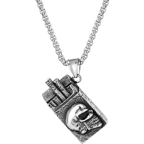 Stainless Steel Vintage Skull Cigarette Lighter Pendant Necklace Punk Rock Men Gothic Jewelry Gift For Him