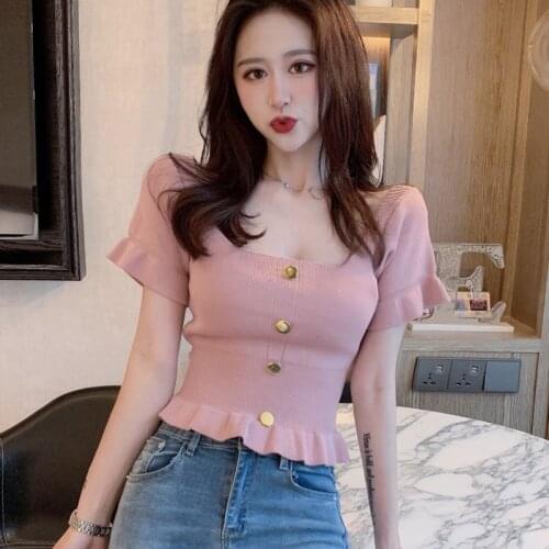 New Square Collar 2021 Summer Short Sleeve Women Sweater Knitted Crop Tops Slim Sexy Korean Fashion Button Pullovers Para Mujer