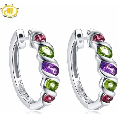 Hutang Womens Clip Earrings Multi Natural Gemstone Amethyst Peridot Garnet Solid 925 Sterling Silver Fine Colorful Jewelry Gift