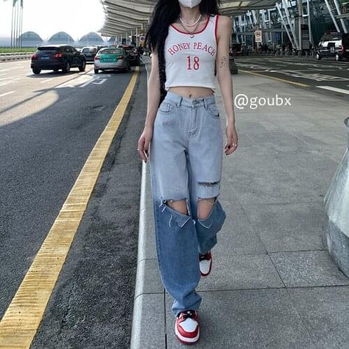 Streetwear Style Gradient Ripped Jeans 2021 Fashion Women Loose Straight-leg Pants Women Baggy Casual Button Fly Denim Trousers