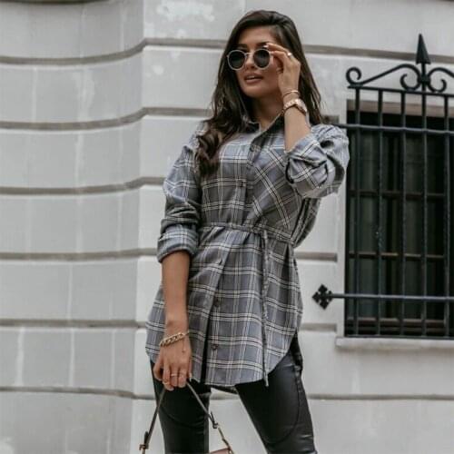 Bandage Turn Down Collar Plaid Print Long Sleeve Single Breasted Shirt Women Loose Streetwear Office Casual Work Wear Tshirt