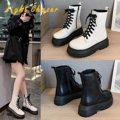 Womens Boots Winter 2021 Thick-soled Round Toe Mid-heel Side Zipper Fashion Boots Lace-up Short Boots Women Motorcycle Boots