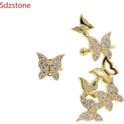 Full Zircon Stone Butterfly Earrings Female Temperament Korean Personality Simple Wil Silver Plated Gold Color Tremella Earrings