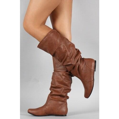 Autumn Winter Women High boots Boots Solid color Round Toe Slip-On Pleated Height Increasing Fashion Casual boots Plus Size 43