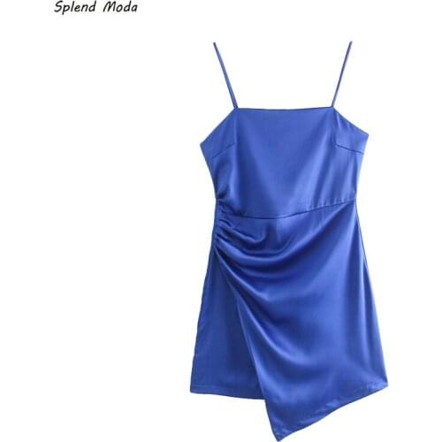 Splend Moda Summer New Sexy Folds Mini Sling Dress Solid Color A-Line Irregular Silk Satin Dresses Women Vestido Fashion Zipper
