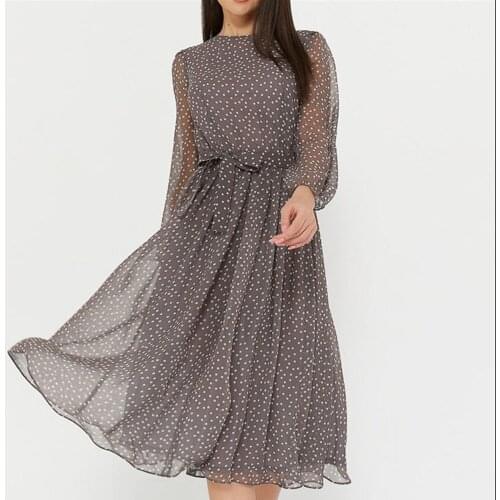 2020 Polka Dot Chiffon Perspective Printing Long Sleeve Ladies Dress Elegant Casual Round Neck Country Style Dresses Retro Party