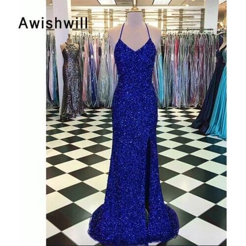 New Arrival 2020 Long Evening Dress in Royal Blue Spaghetti Strap Front Slit Sexy Open Back Sequin Prom Dress Long Formal Gowns