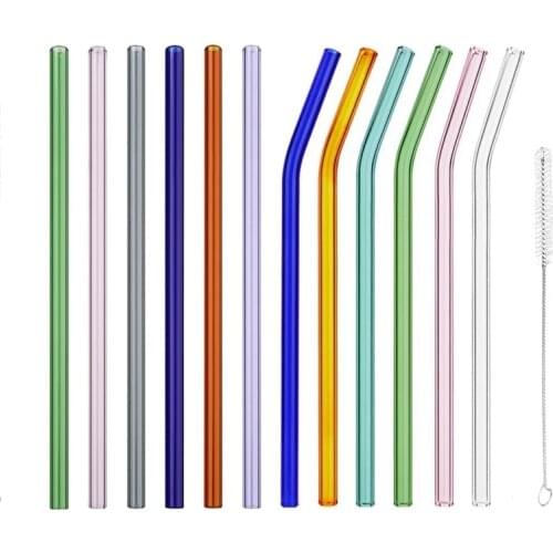 8pcs Straw Colorful Glass Reusable Straws Bent Drinking Straw With Case Cleaning Brush Set High Borosilicate Glass Straw
