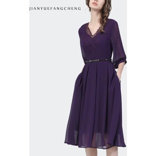 Long Ladies Chiffon Dress 2021 Summer New Fashion Pleated Lace V-Neck Embroidery Dresses With Belt Elegant Women Office Dresses